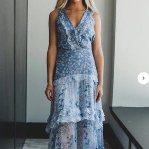 Saloni Floral Ruffle Tiered V-Neck Midi Dress